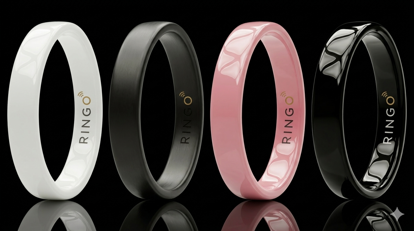 Four branded RINGO ceramic payment rings in white, matte black, rose, and gloss black